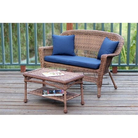 Jeco Honey Wicker Patio Love Seat And Coffee Table Set With Blue Cushion W00205-LCS011